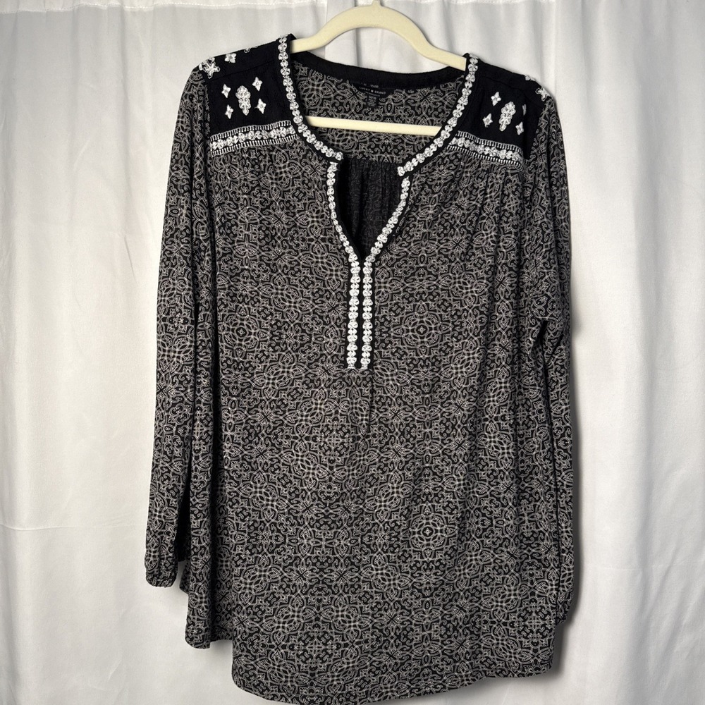 Lucky Brand Blouse Top Womens 1X Black White Embroidered Peasant Boho Casual